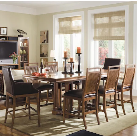 9-Piece Trestle Pub Table with Upholstered Arm Chairs Set